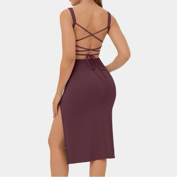 NWT Halara Ruched Backless Crisscross Lace Up Split Bodycon Midi Casual Dress - Picture 2 of 7